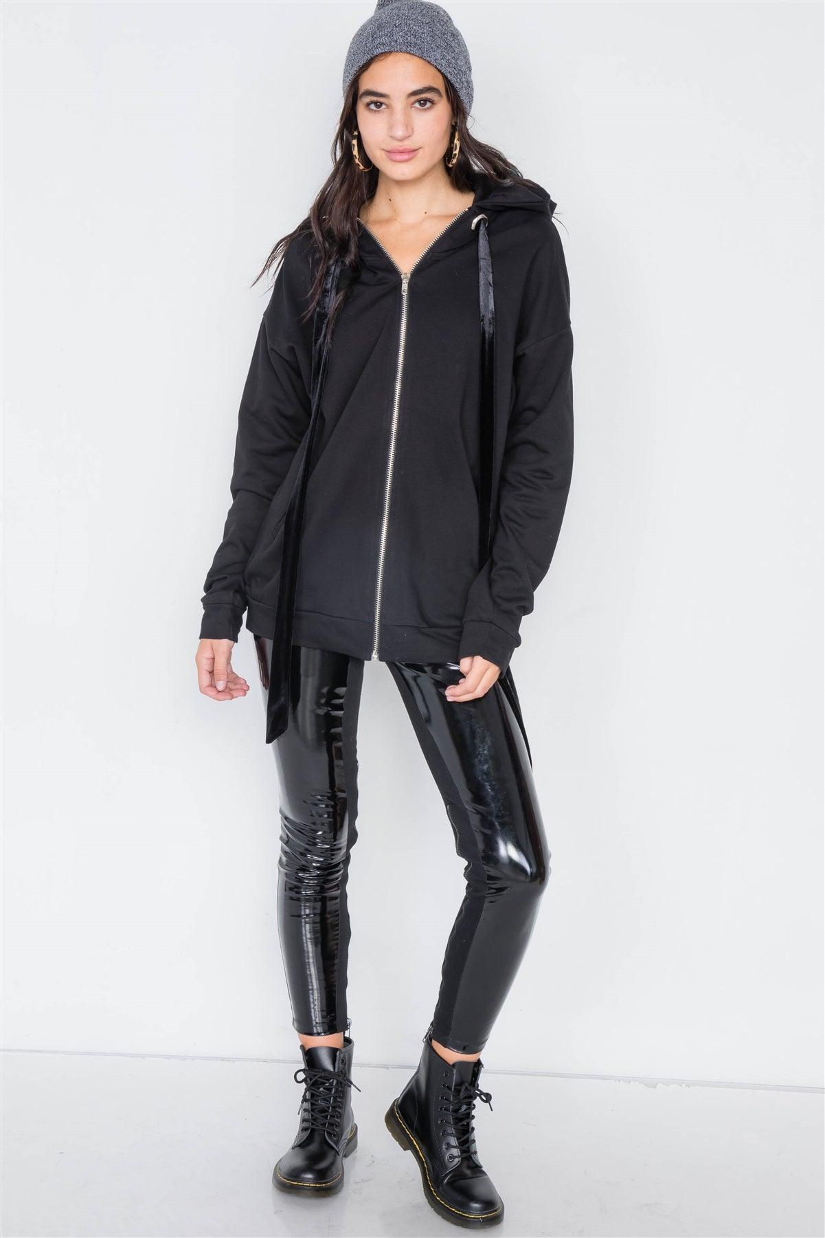 Black Cotton Zip-Up Hoodie Sweater /4-2