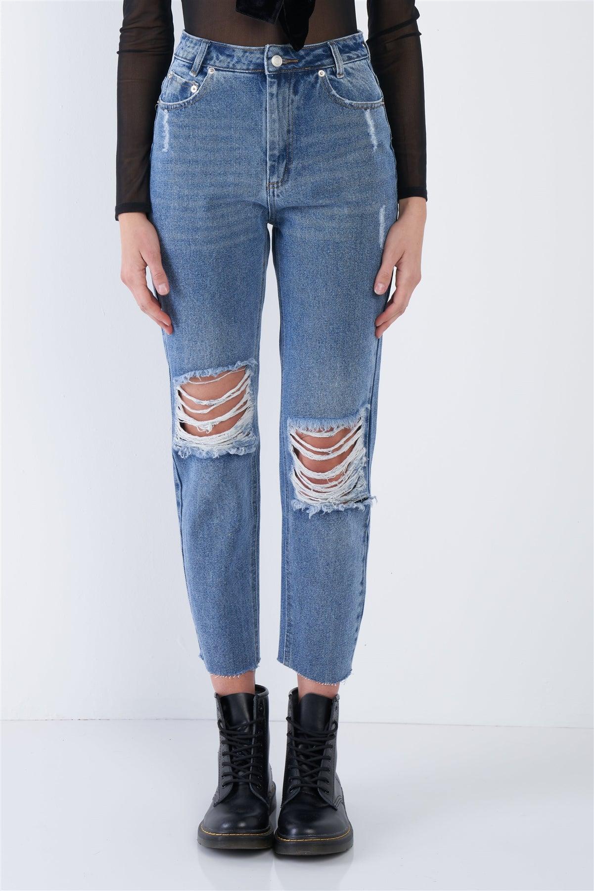 Denim Blue High-Waist Distressed Raw Hem Jeans /3-1-1