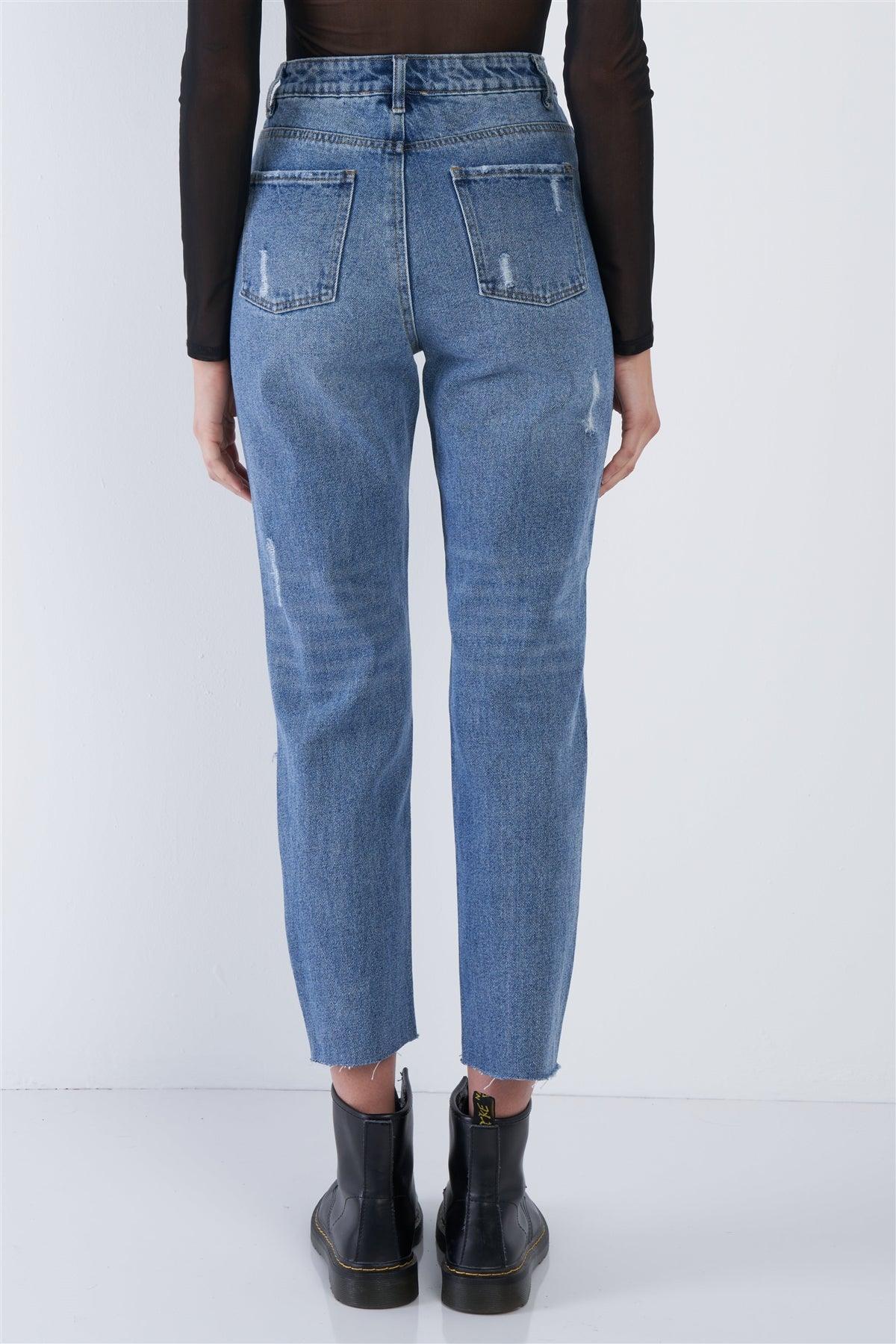 Denim Blue High-Waist Distressed Raw Hem Jeans /3-1-1