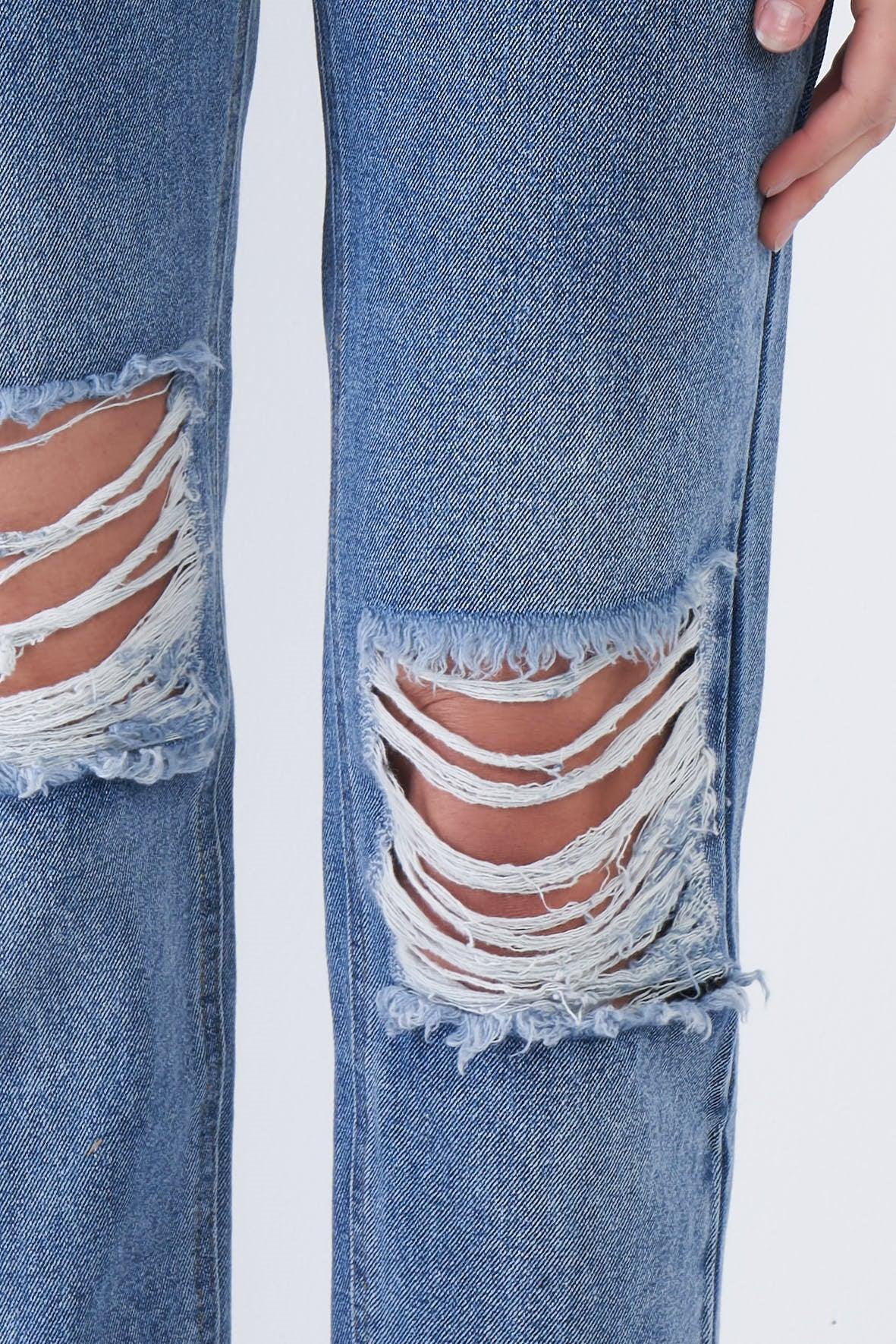 Denim Blue High-Waist Distressed Raw Hem Jeans /3-1-1