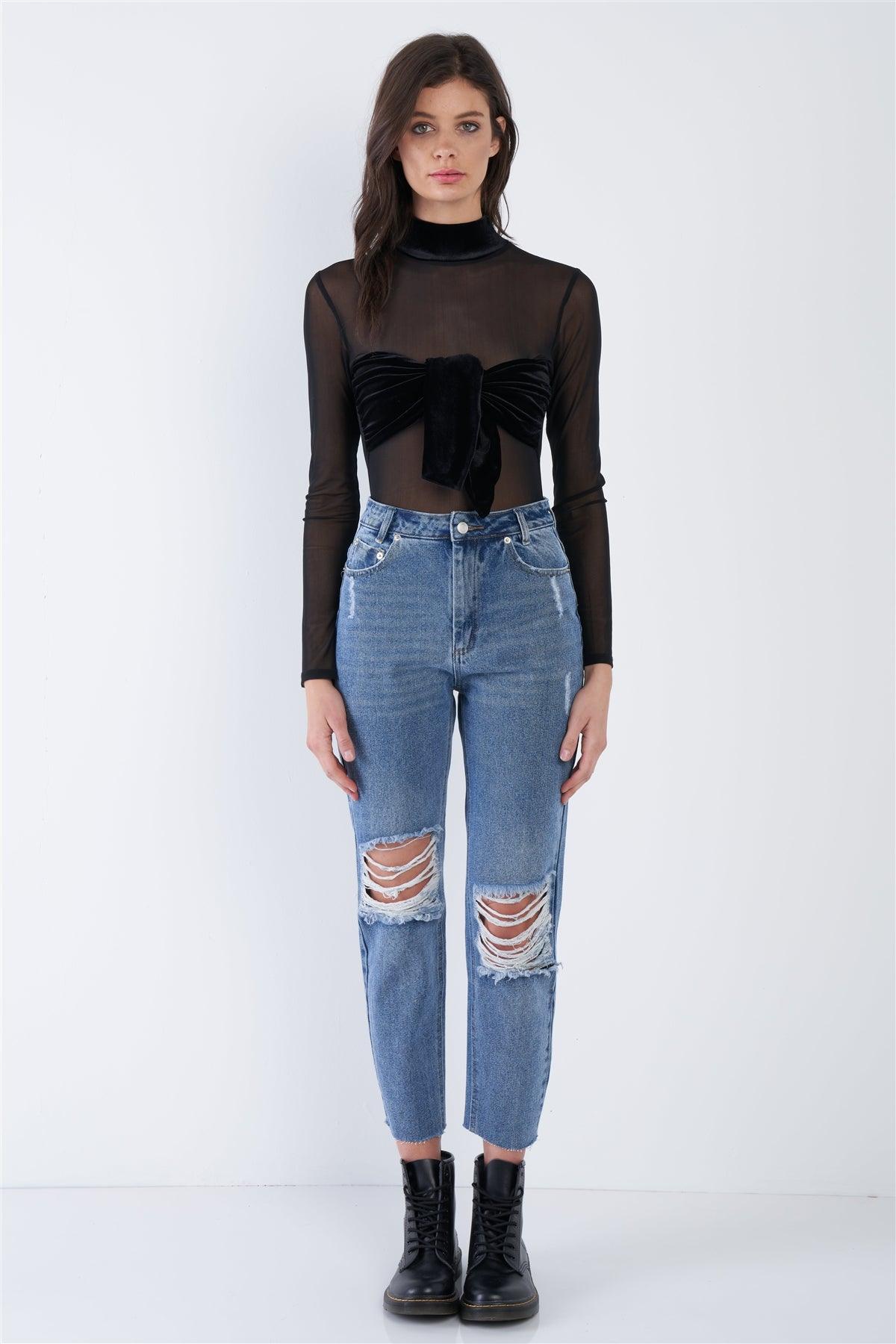 Denim Blue High-Waist Distressed Raw Hem Jeans /3-1-1