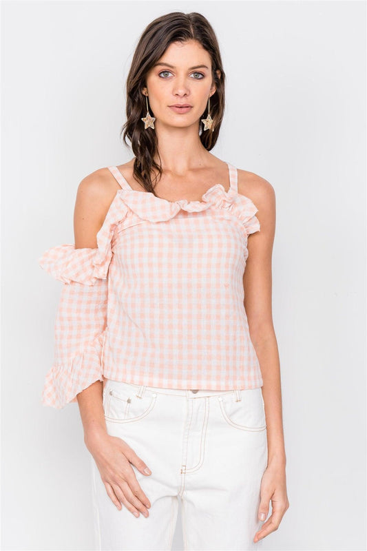 Malibu Peach & White Cotton Checkered One Shoulder Top /2-2-1