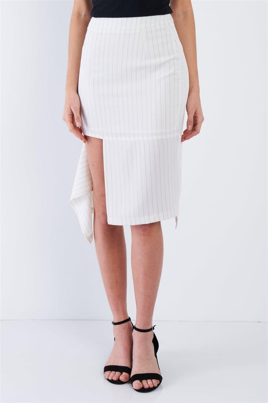 Off-White Pinstripe Cut Out Asymmetrical Hem Bodycon Midi Skirt   /3-2-1