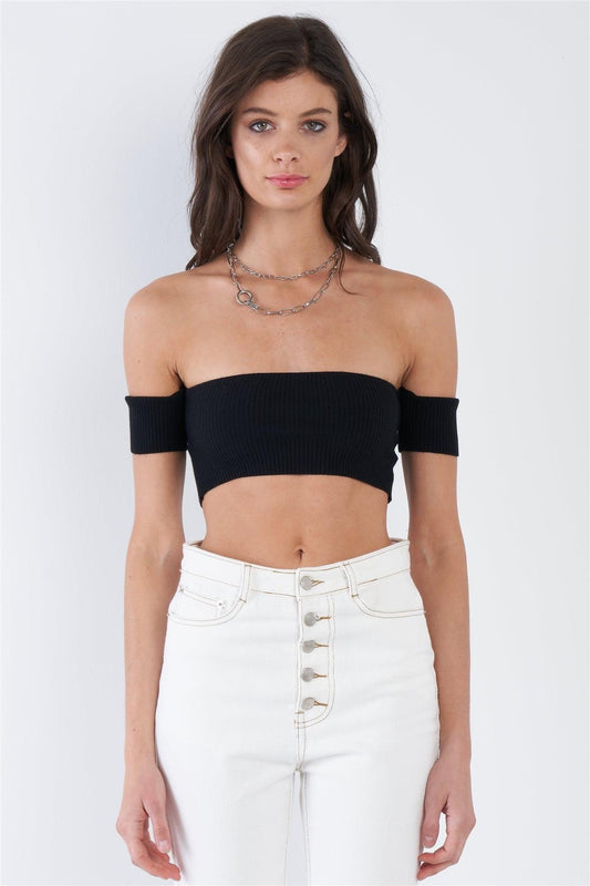 Black Off-The-Shoulder Ribbed Chic Crop Top  /3-2-1