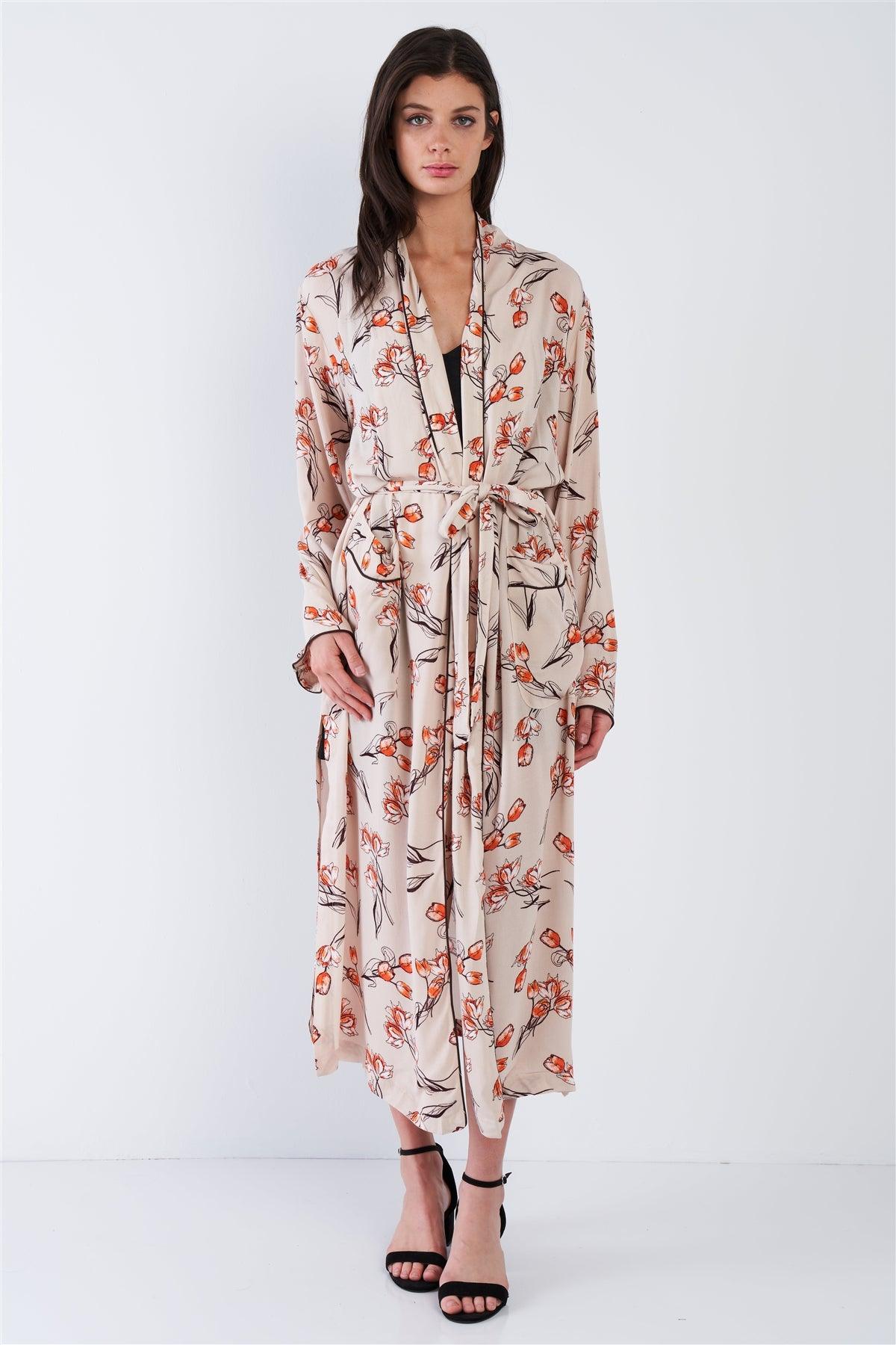 Flower Self-Tie Kimono Duster