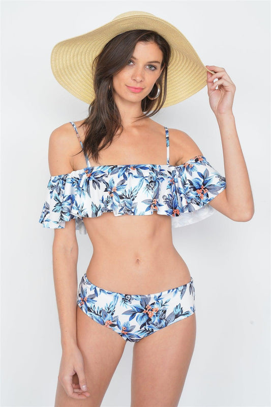 Blue Tropical Frill Cami & Mid-Rise Bikini Set  /3-2-1