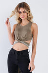 Taupe Acid Wash Casual Self Wrap Crop Top /3-2-1