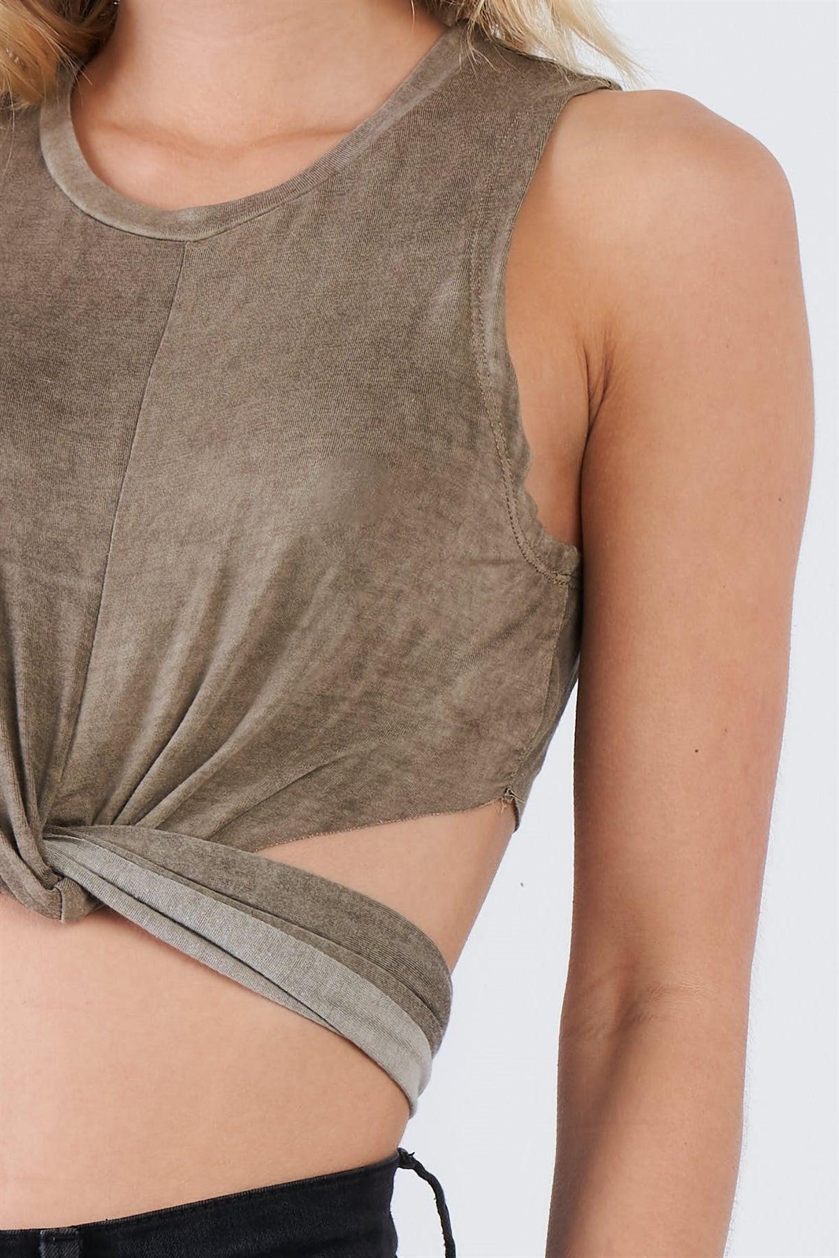 Taupe Acid Wash Casual Self Wrap Crop Top /3-2-1