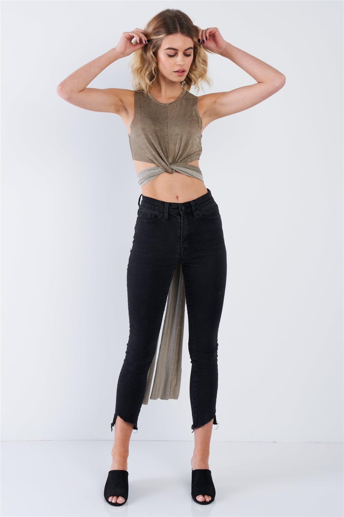 Taupe Acid Wash Casual Self Wrap Crop Top /3-2-1