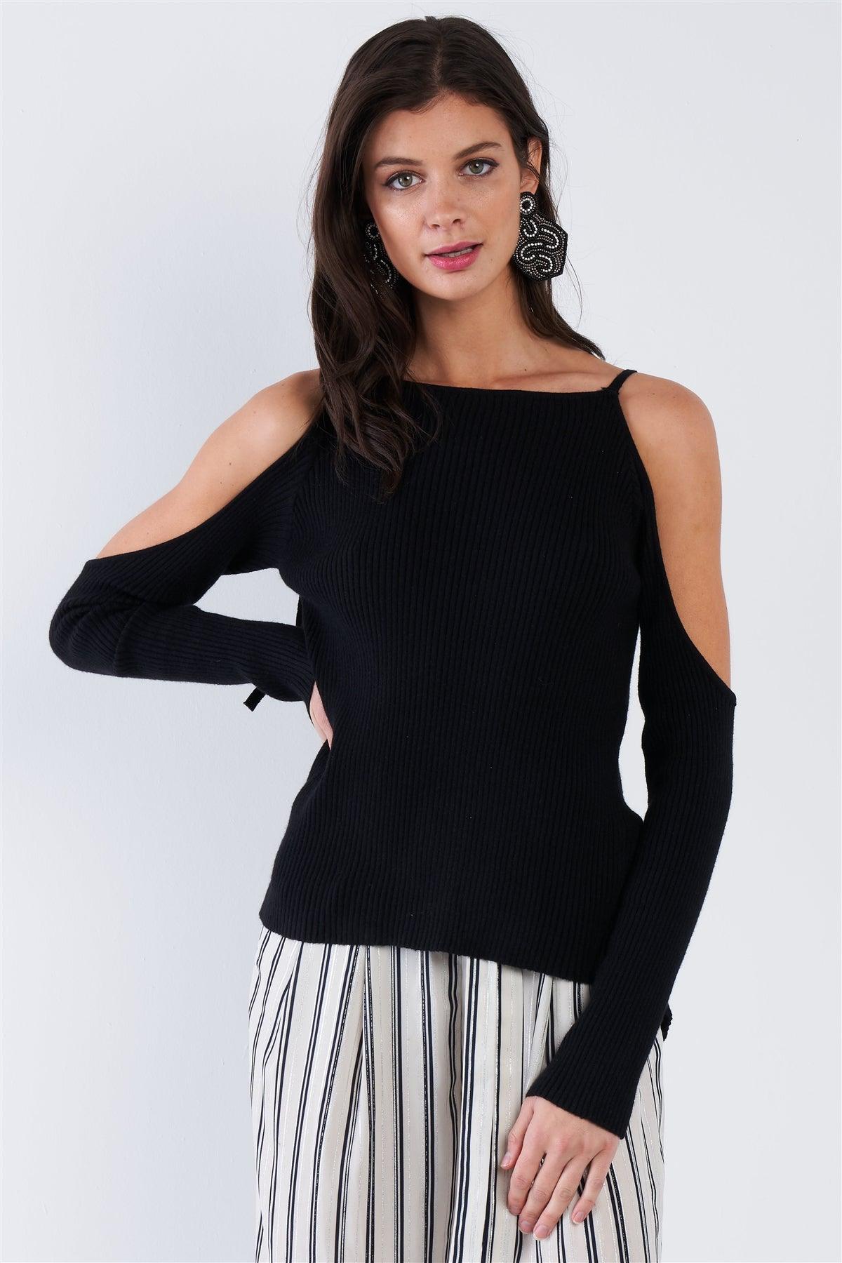 Black Ribbed Off The Shoulder Open Back Causal Top  /3-2-1