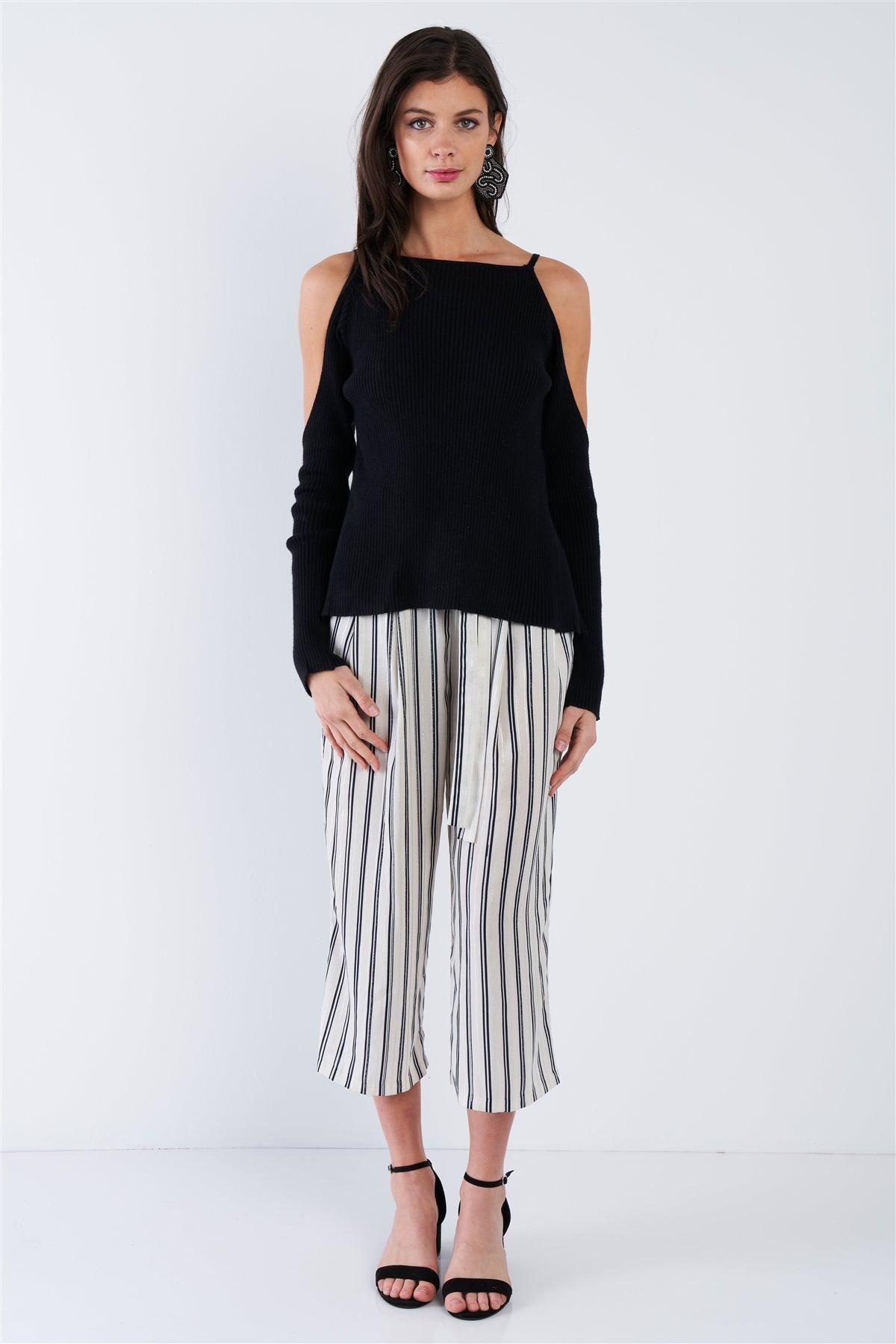 Black Ribbed Off The Shoulder Open Back Causal Top  /3-2-1