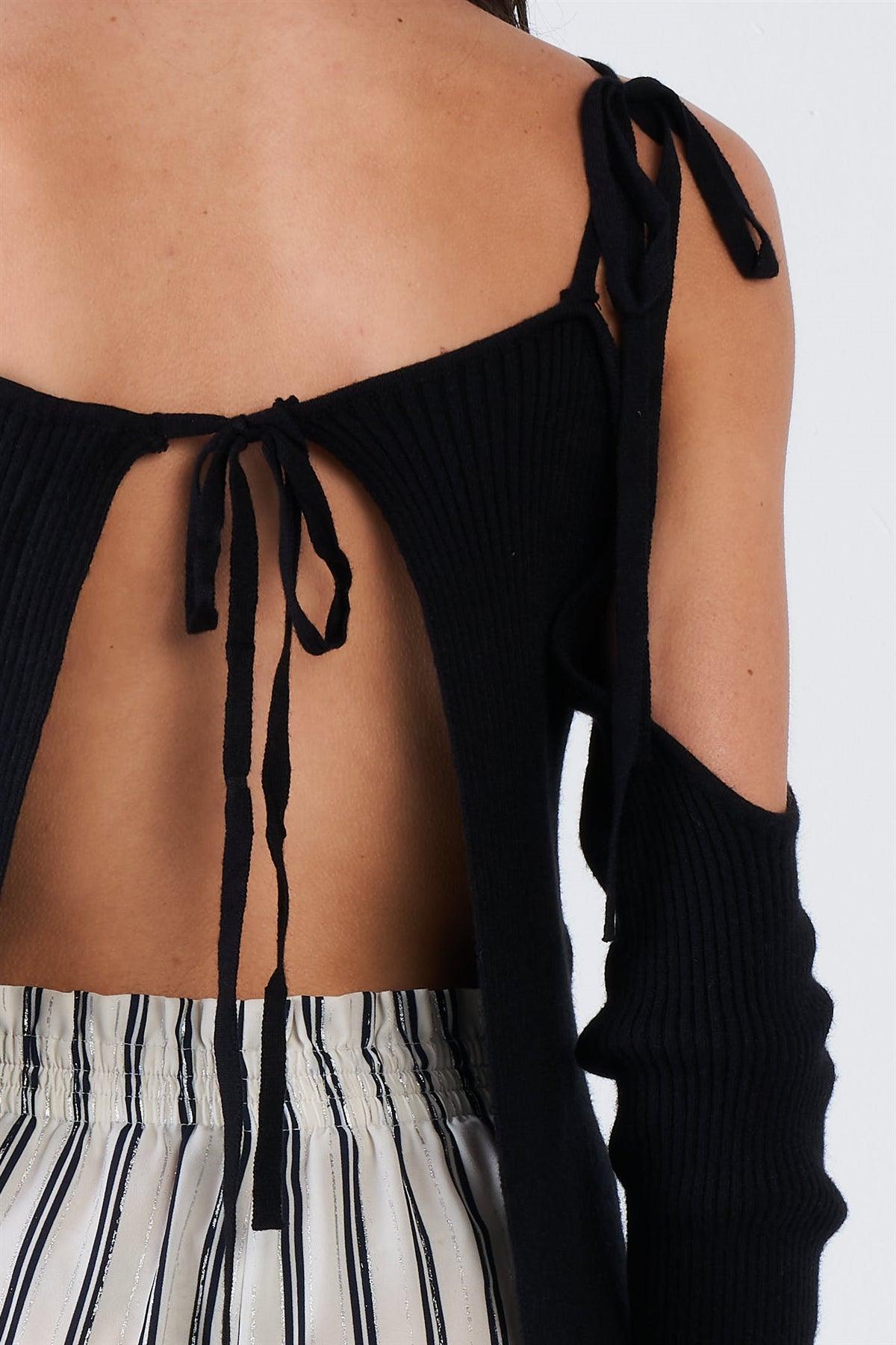 Black Ribbed Off The Shoulder Open Back Causal Top  /3-2-1