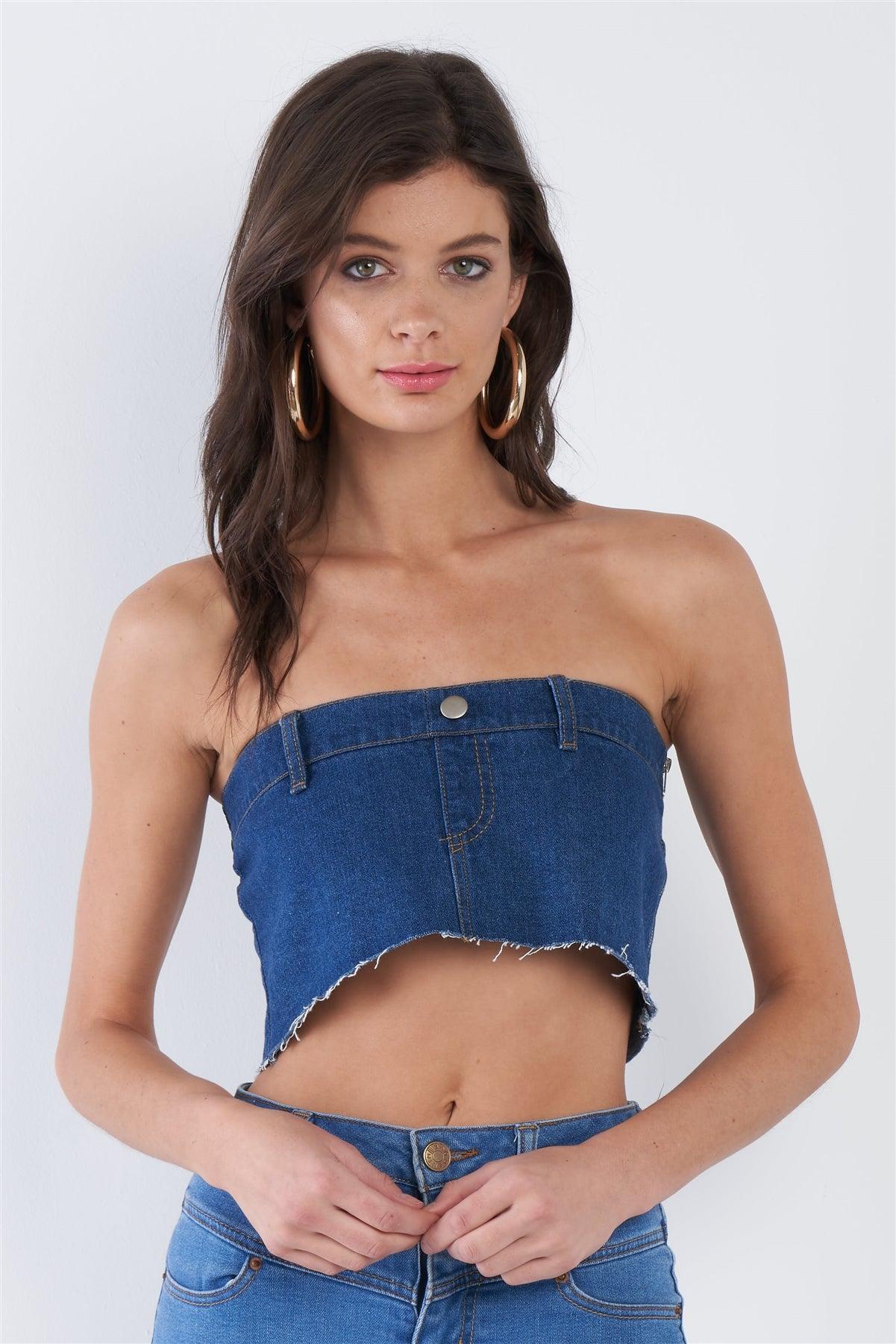 Denim Blue Raw Hem Cotton Mini Bandeau Top /3-2-1