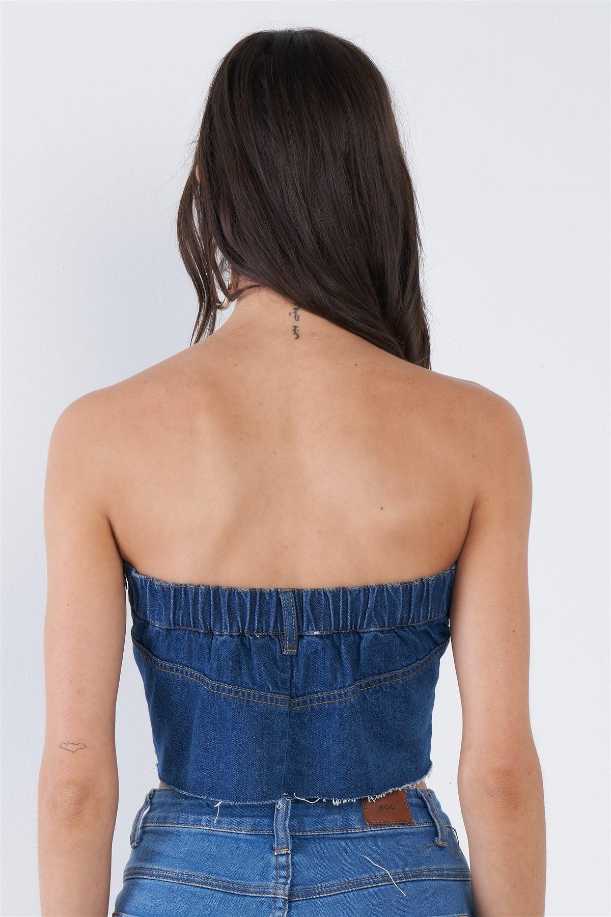 Denim Blue Raw Hem Cotton Mini Bandeau Top /3-2-1