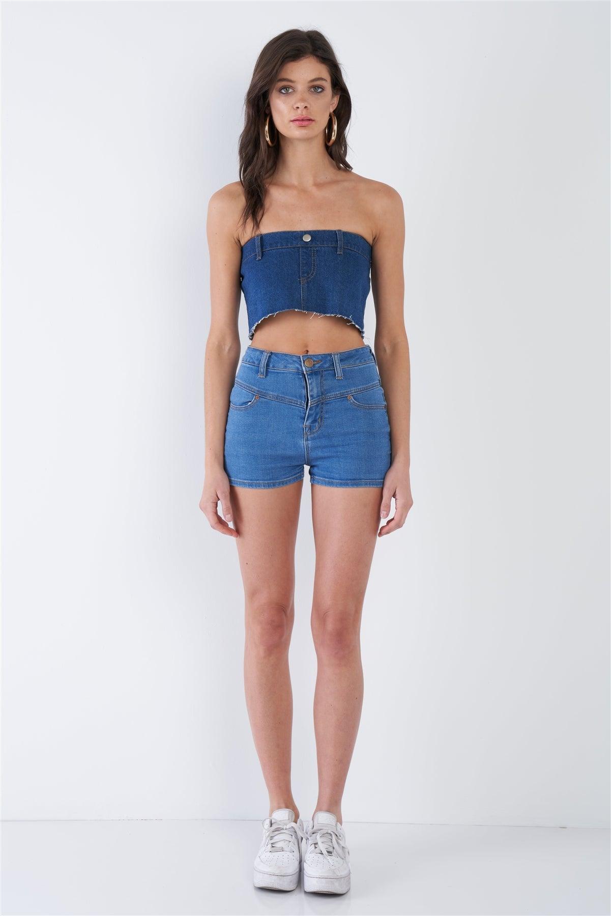 Denim Blue Raw Hem Cotton Mini Bandeau Top /3-2-1