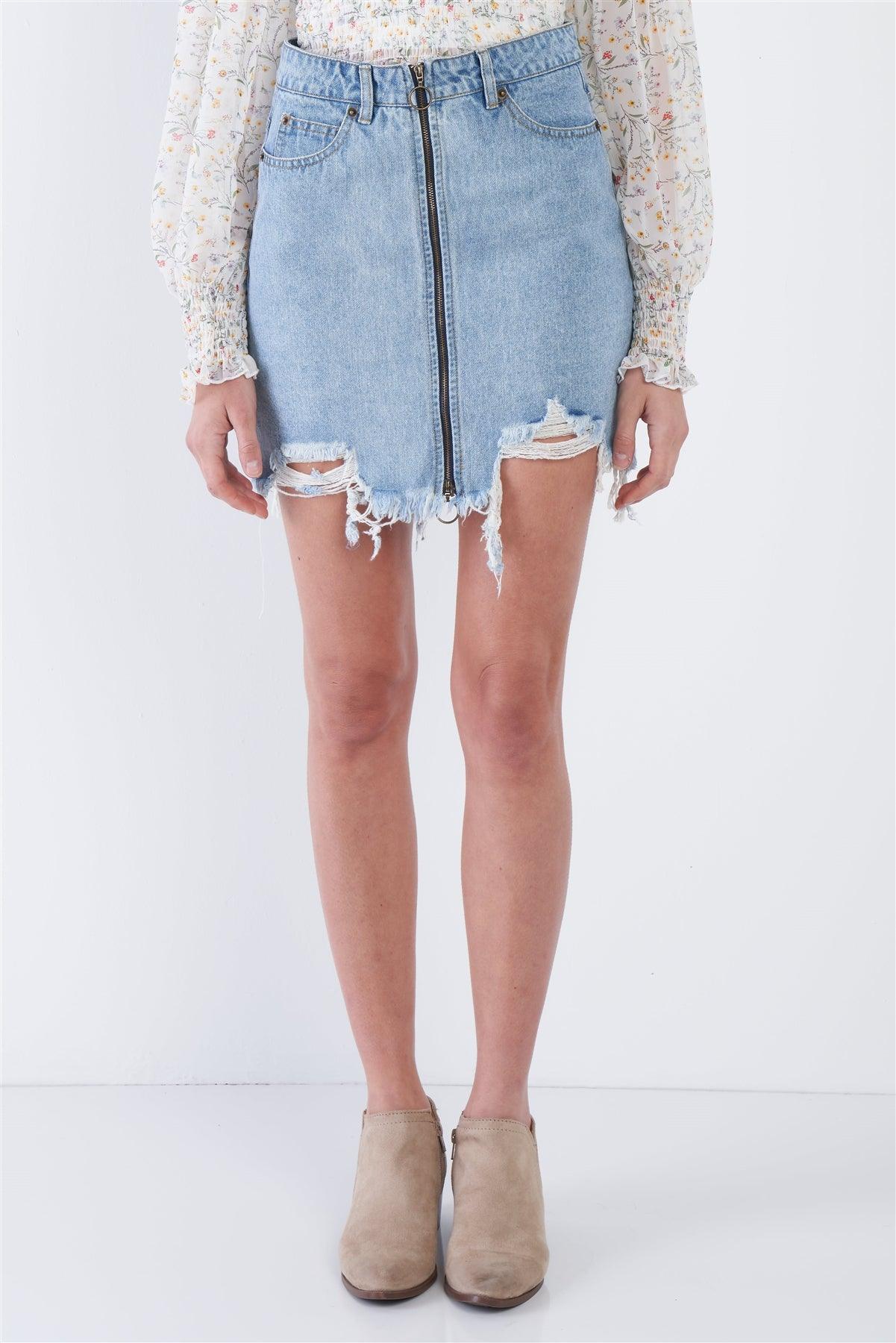 Denim Blue Front Zipper Shark Bite Raw Hem Mini Skirt  /3-2-1