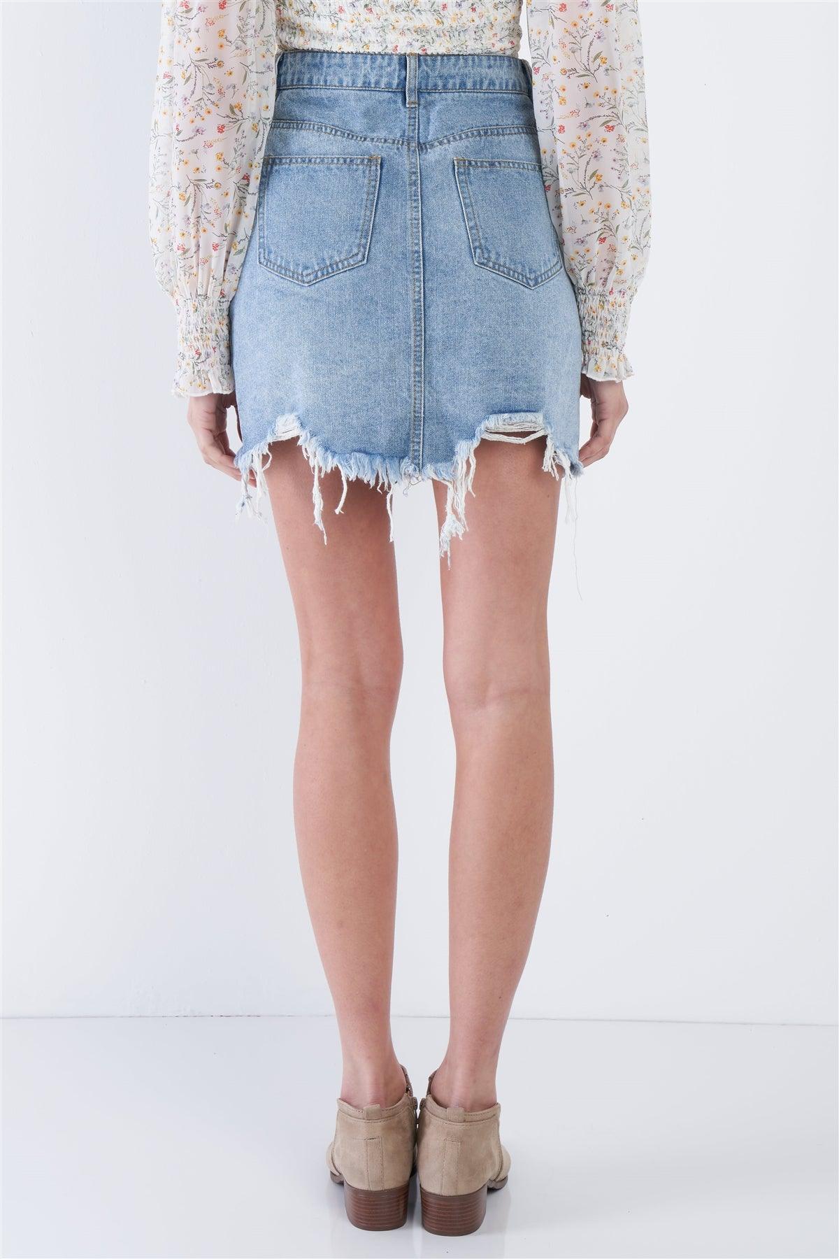 Denim Blue Front Zipper Shark Bite Raw Hem Mini Skirt  /3-2-1