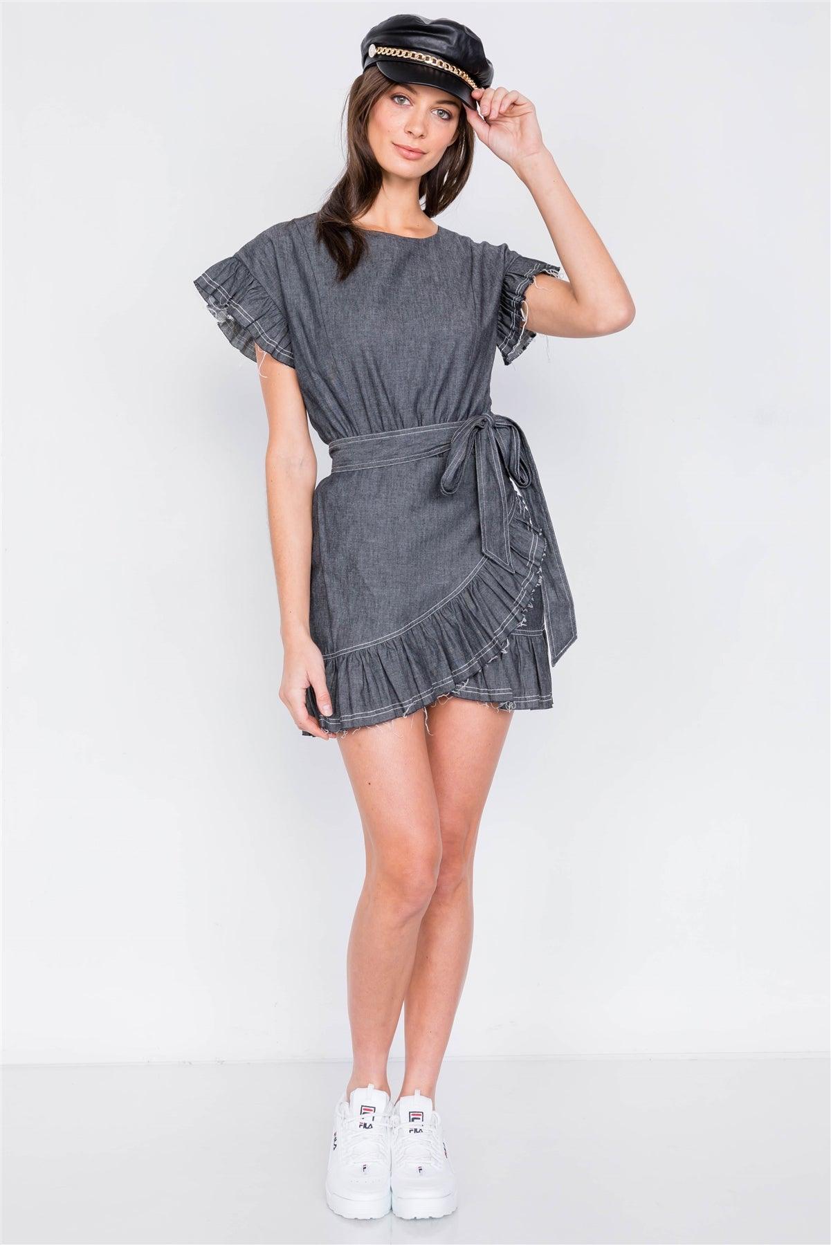 Black Denim Raw Frill Contrast Trim Hem Wrap Casual Mini Dress  /3-2-1