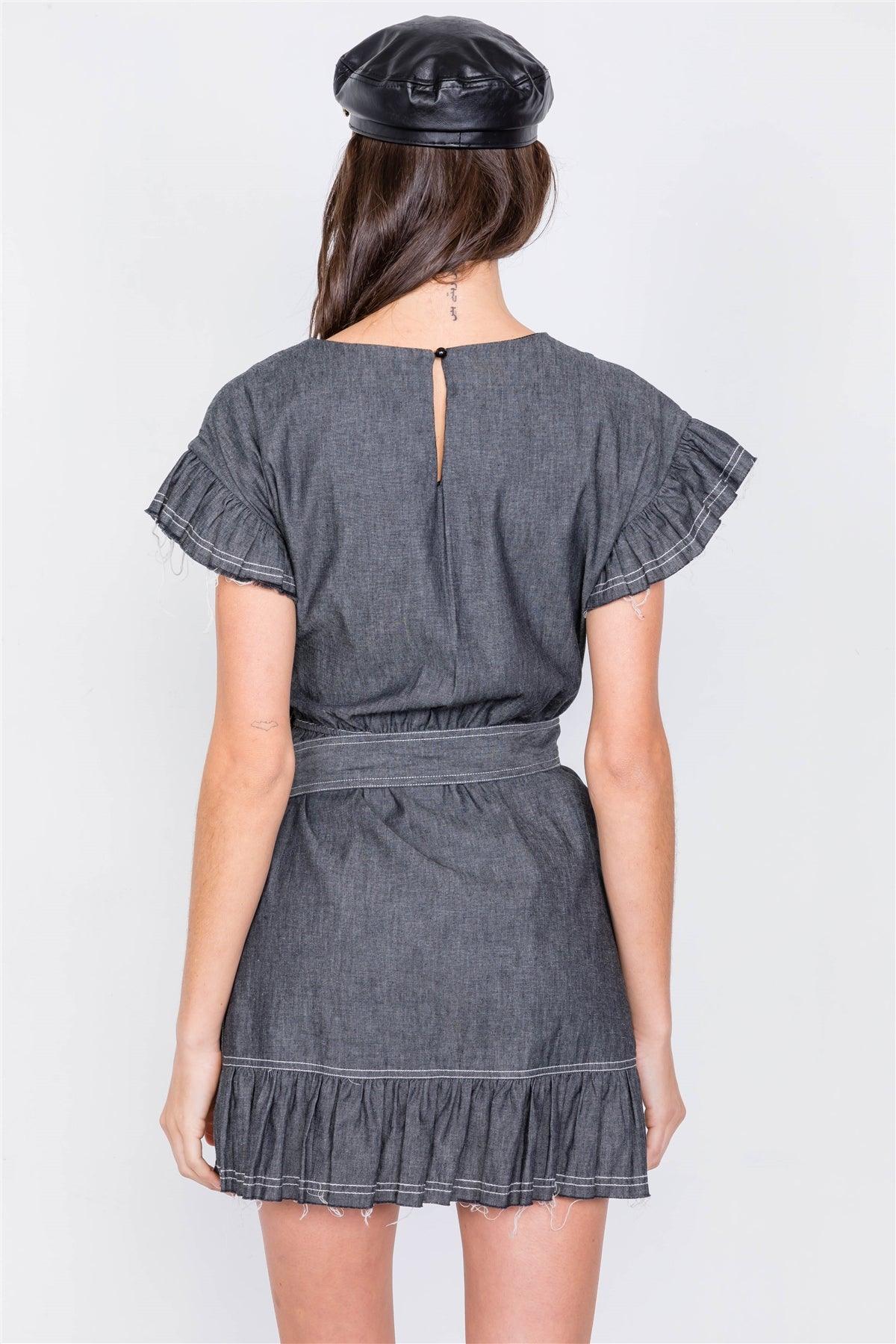 Black Denim Raw Frill Contrast Trim Hem Wrap Casual Mini Dress  /3-2-1