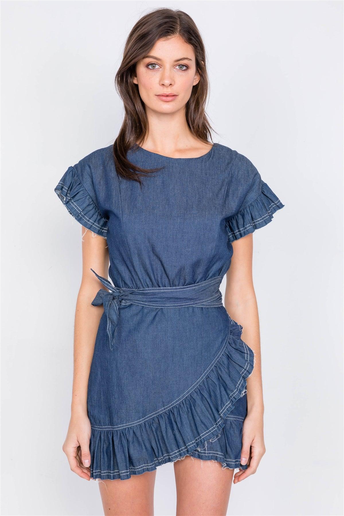 Dark Denim Raw Frill Contrast Trim Hem Wrap Casual Mini Dress  /3-2-1