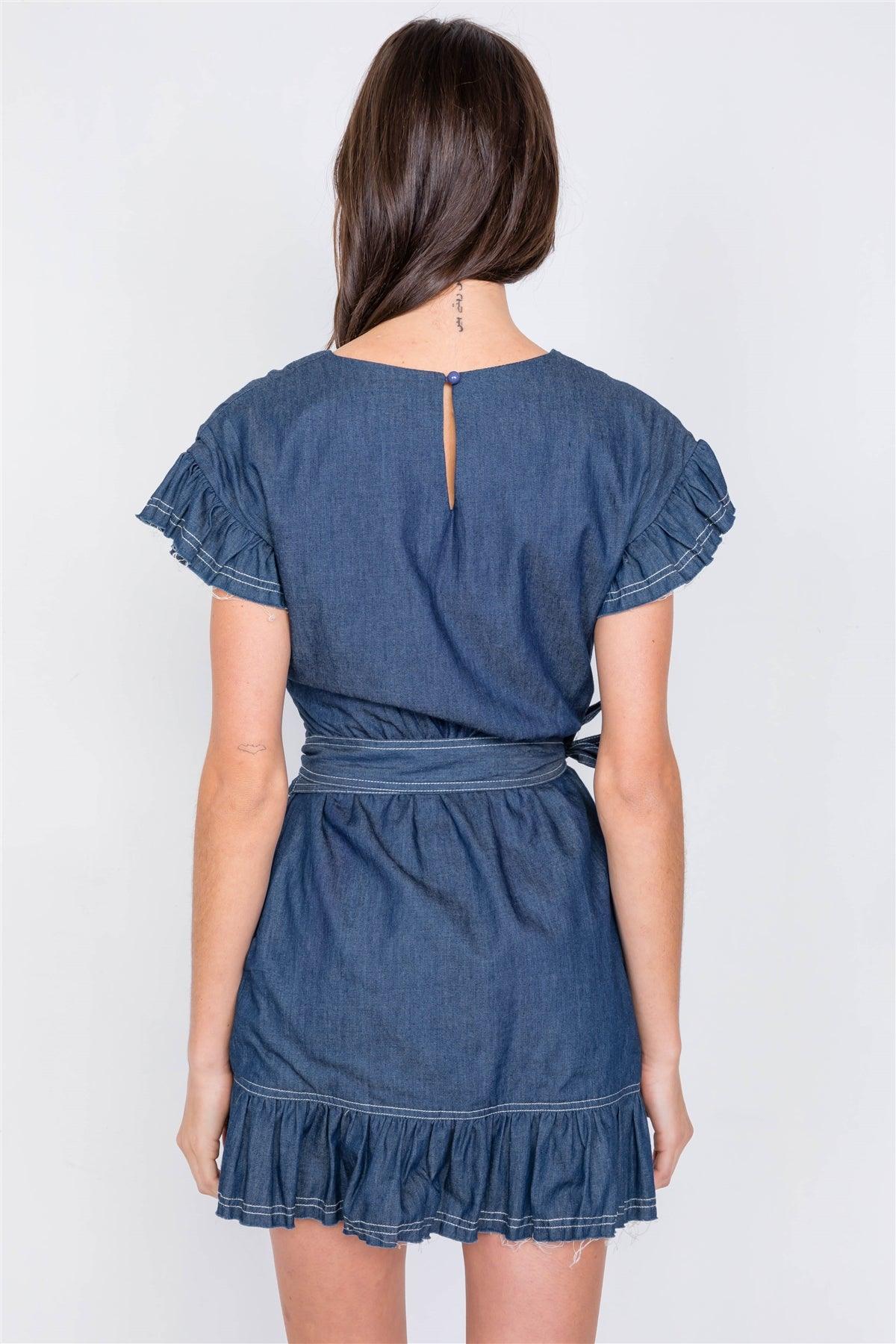 Dark Denim Raw Frill Contrast Trim Hem Wrap Casual Mini Dress  /3-2-1