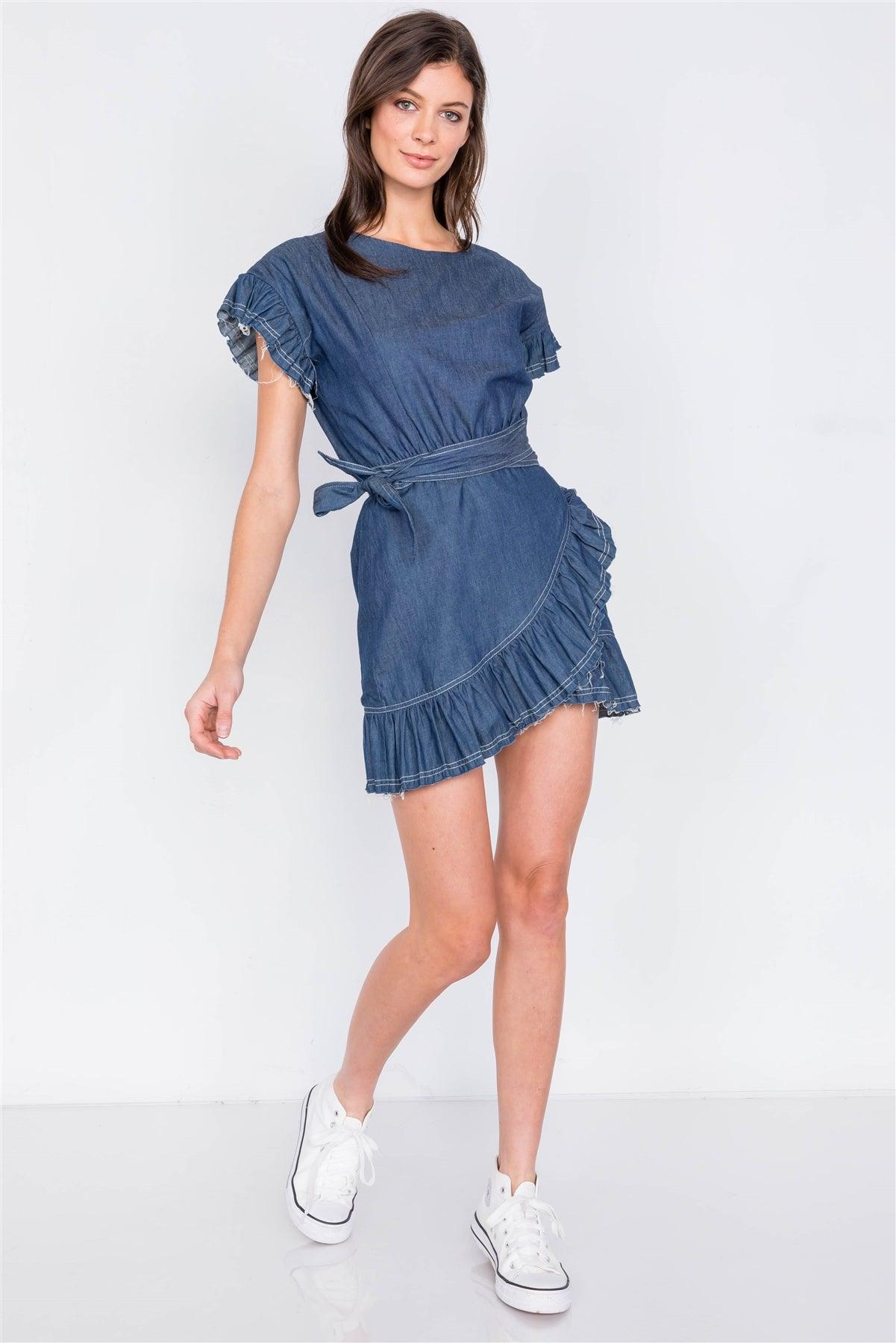 Dark Denim Raw Frill Contrast Trim Hem Wrap Casual Mini Dress  /3-2-1