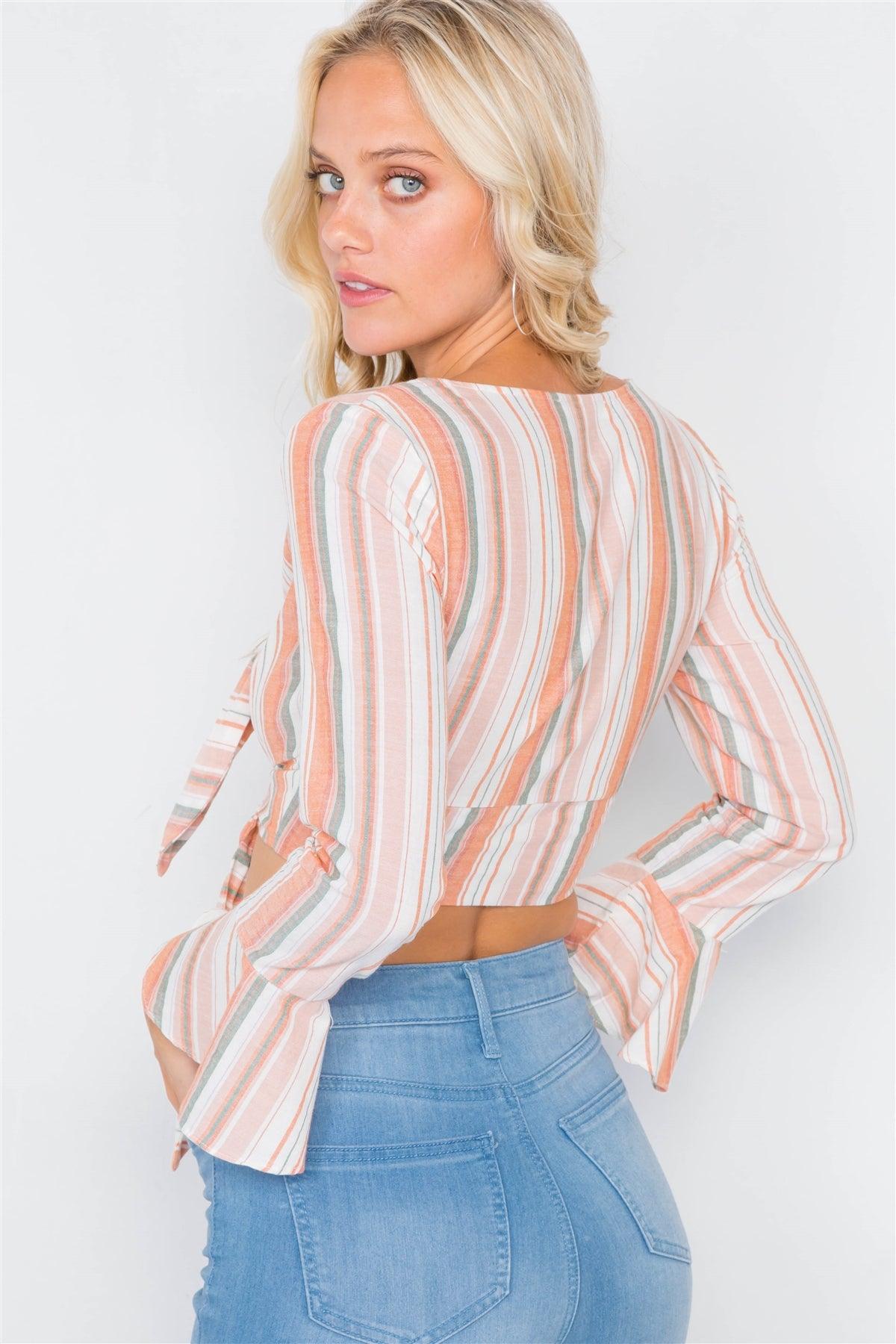 Peach Cotton Surplus Neckline Tiered Bow Crop Top /3-2-1