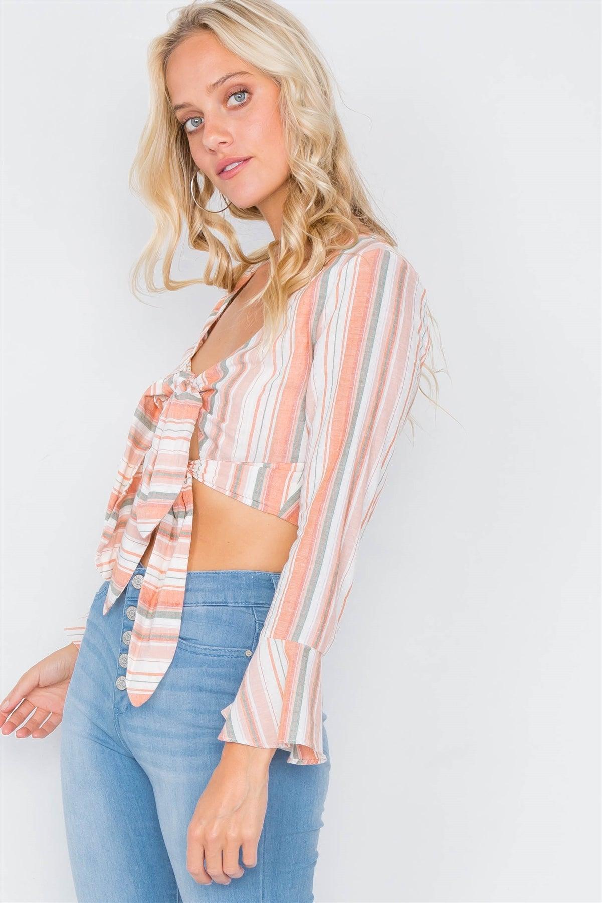 Peach Cotton Surplus Neckline Tiered Bow Crop Top /3-2-1