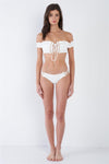 White Retro Off-The-Shoulder Lace Up Two Piece Bikini Set /3-2