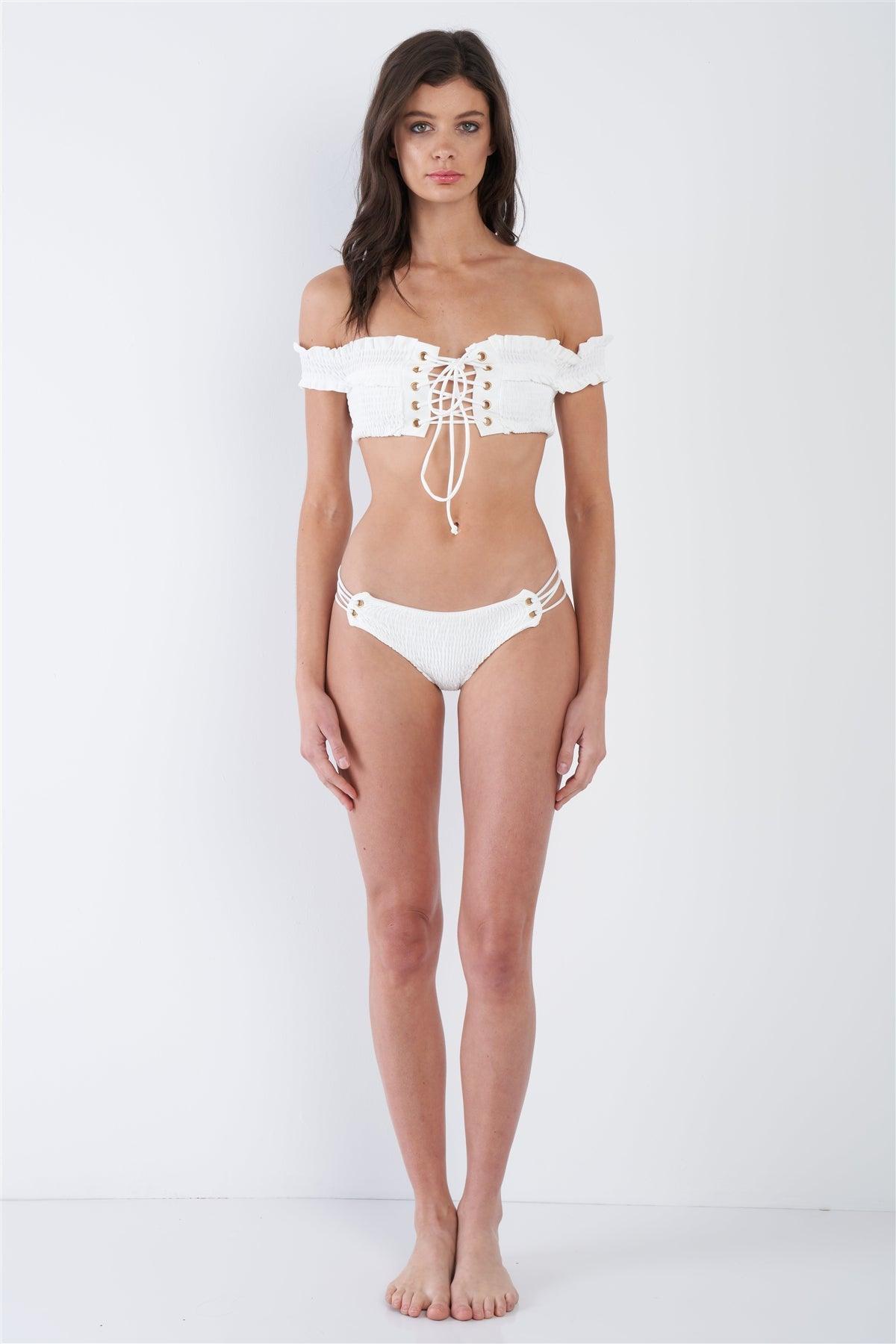 White Retro Off-The-Shoulder Lace Up Two Piece Bikini Set /3-2