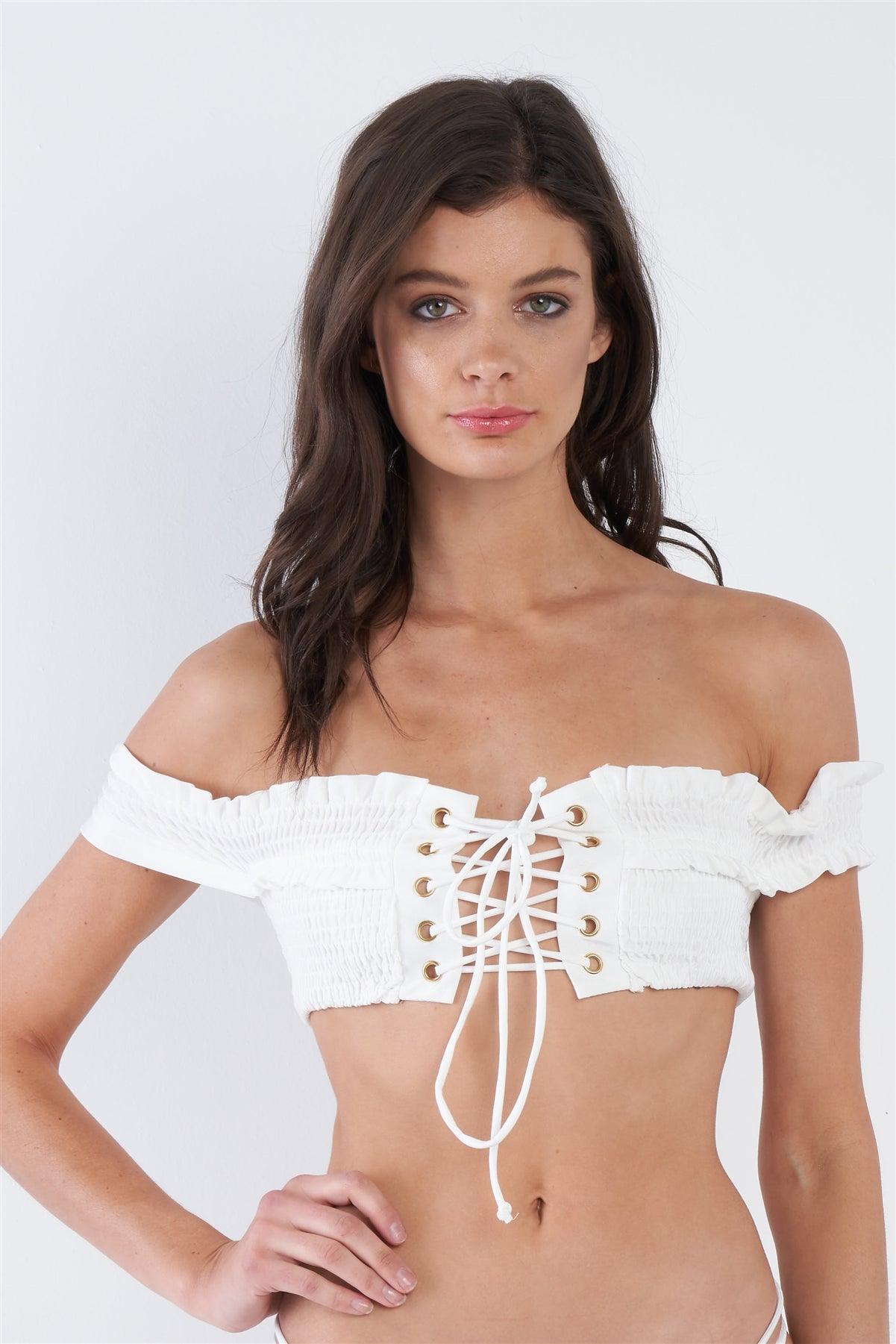 White Retro Off-The-Shoulder Lace Up Two Piece Bikini Set /3-2