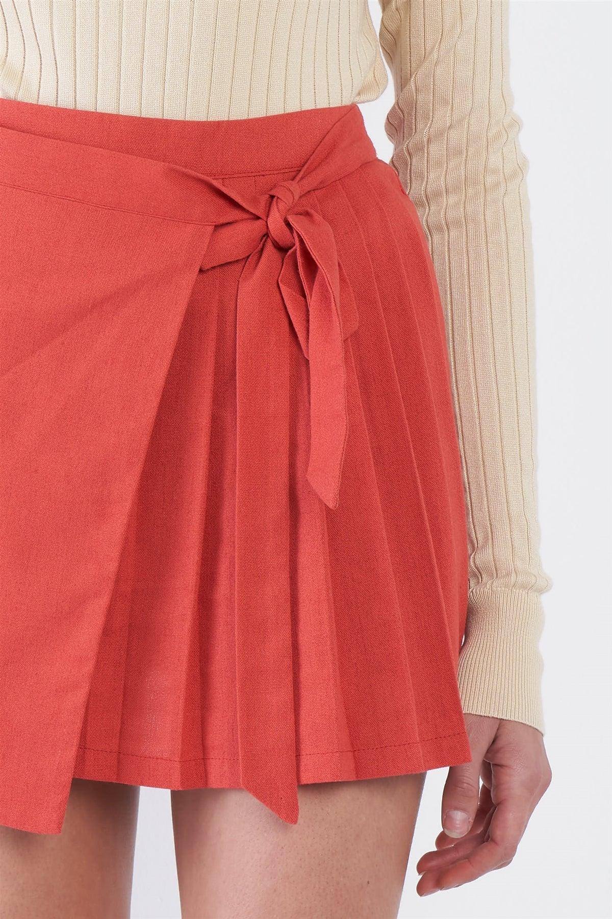 Tomato Red Pleated Mock Wrap Retro Mini Skirt  /4-2-1