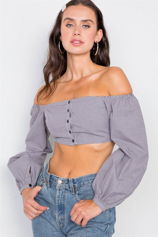 Black & White Micro Plaid Puff Sleeve Crop Top /3-2-1