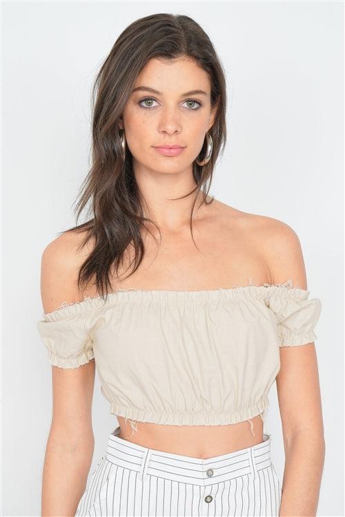 Bone Taupe Cotton Raw Hem Round Neck Retro Crop Top  /3-2-1