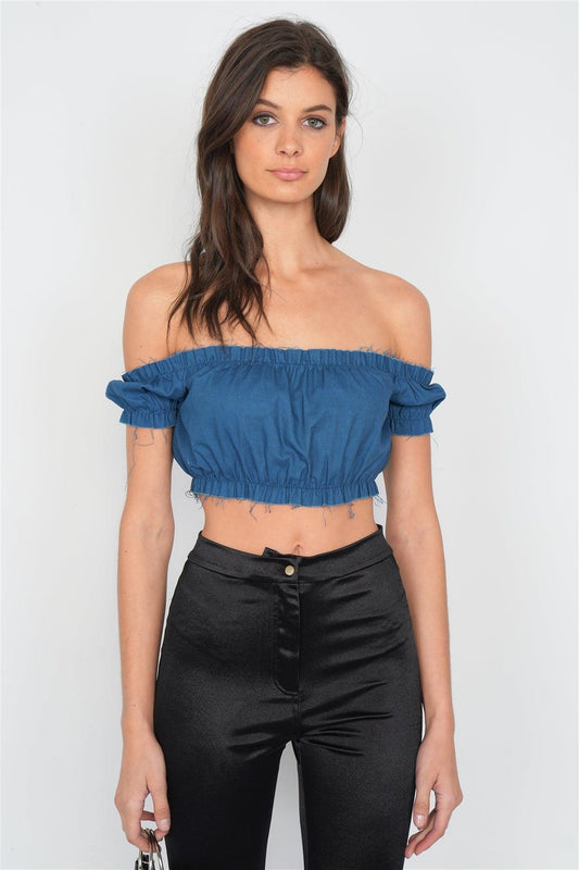 Denim Blue Cotton Raw Hem Round Neck Retro Crop Top /3-2-1