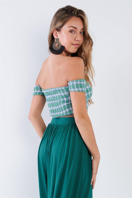 Green Checkered Cotton Chic Off-The-Shoulder Crop Top  /2-1-1