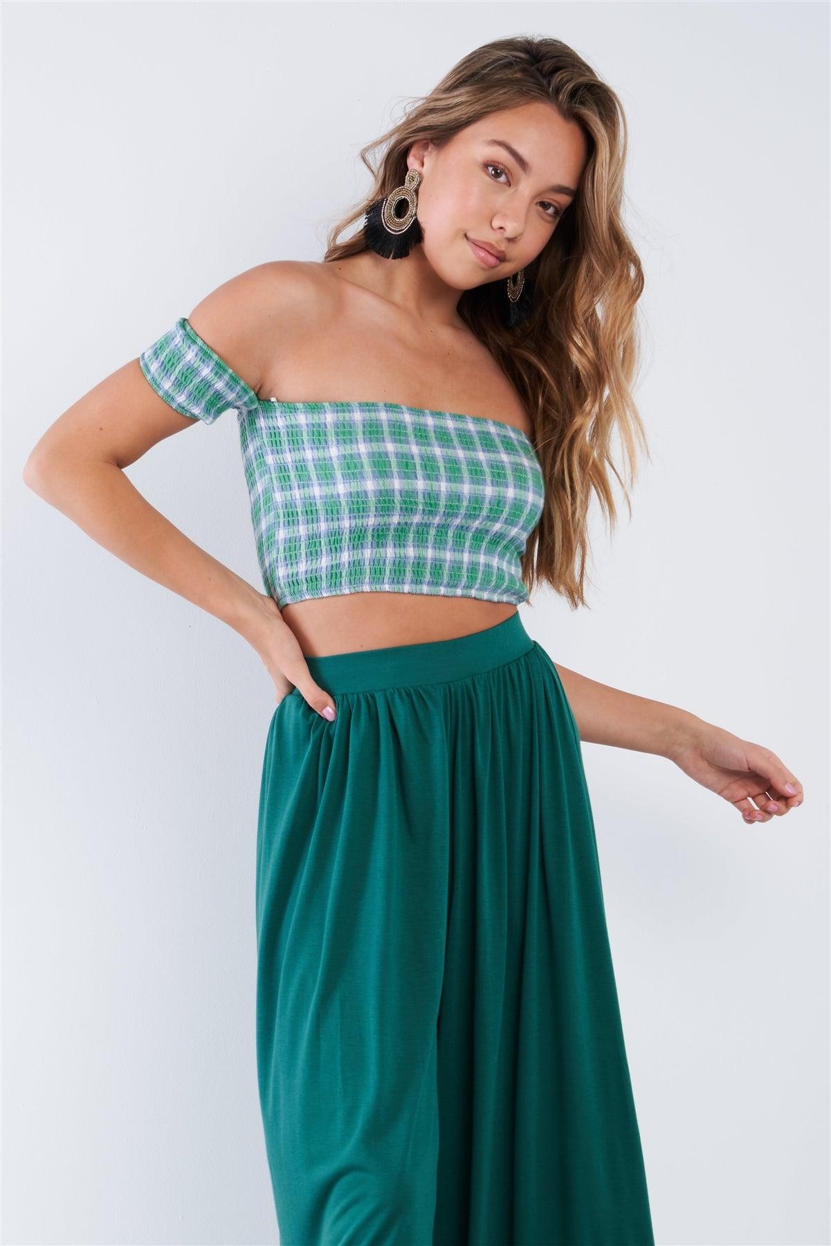 Green Checkered Cotton Chic Off-The-Shoulder Crop Top  /2-1-1