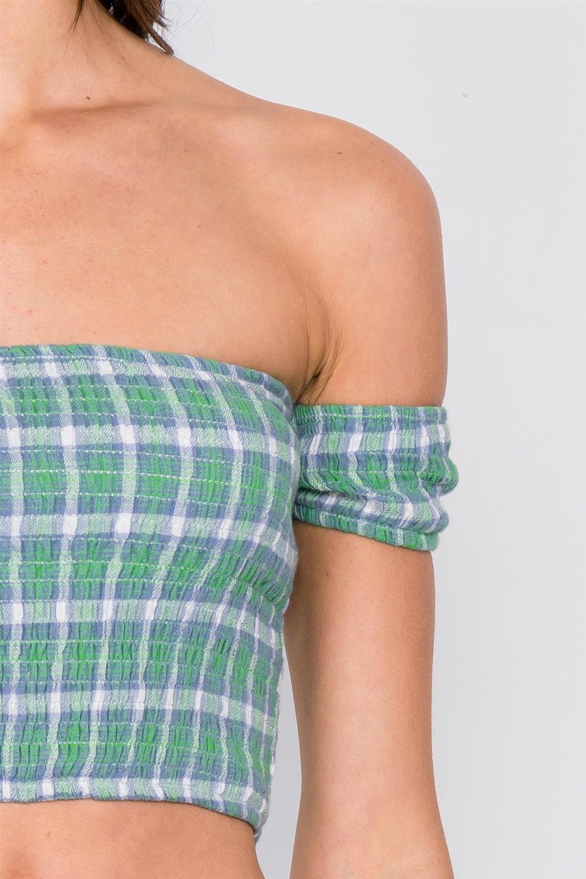 Green Checkered Cotton Chic Off-The-Shoulder Crop Top  /2-1-1