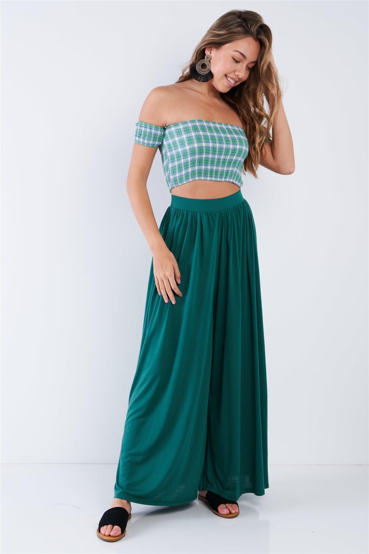 Green Checkered Cotton Chic Off-The-Shoulder Crop Top  /2-1-1