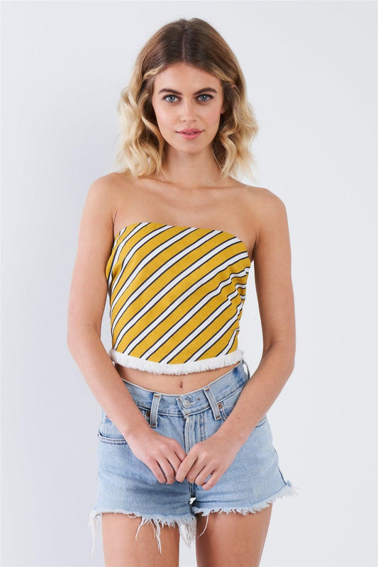 Mustard Yellow White & Navy Blue Stripe Back Knot  Crop Top  /3-2-1