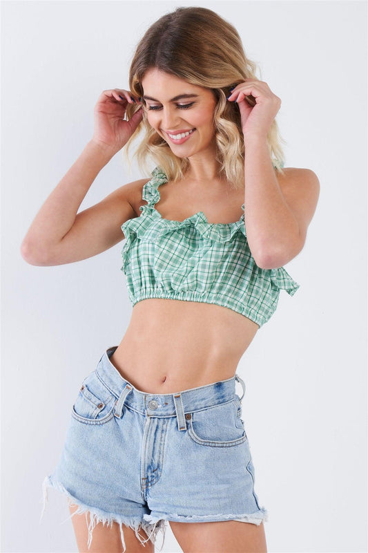 Green Cotton Multi Stripe Frill Trim Crop Top /3-2-1