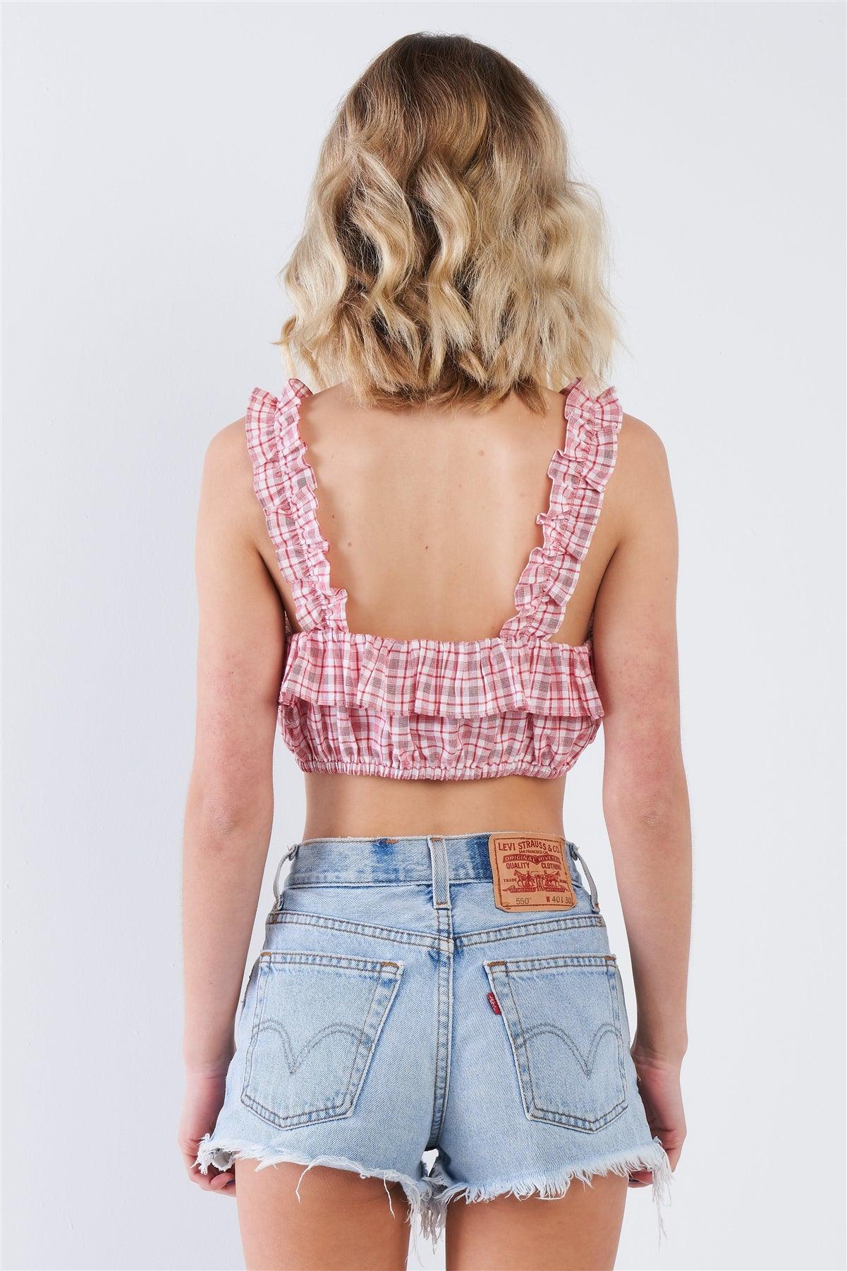 Red Cotton Multi Stripe Frill Trim Crop Top /3-2-1