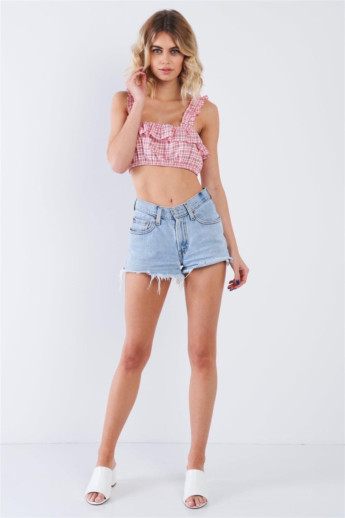 Red Cotton Multi Stripe Frill Trim Crop Top /3-2-1