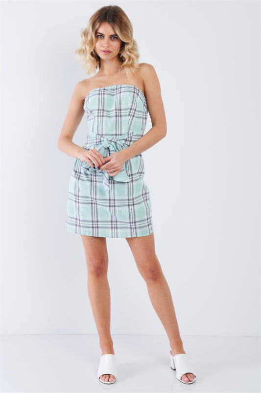 Green Plaid Stripe Tube Top Mock Wrap Mini Dress  /3-2-1