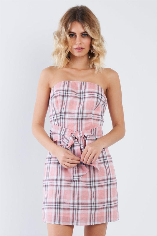 Pink Plaid Stripe Tube Top Mock Wrap Mini Dress