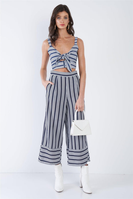 Navy & White Stripe Front Box Crop Top Wide Leg Gaucho Set  /3-2-1