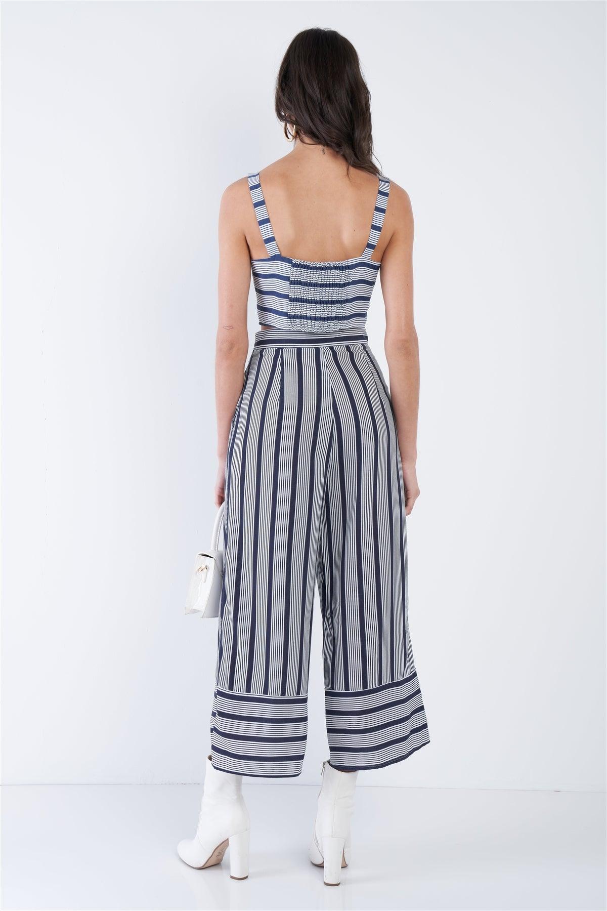 Navy & White Stripe Front Box Crop Top Wide Leg Gaucho Set  /3-2-1