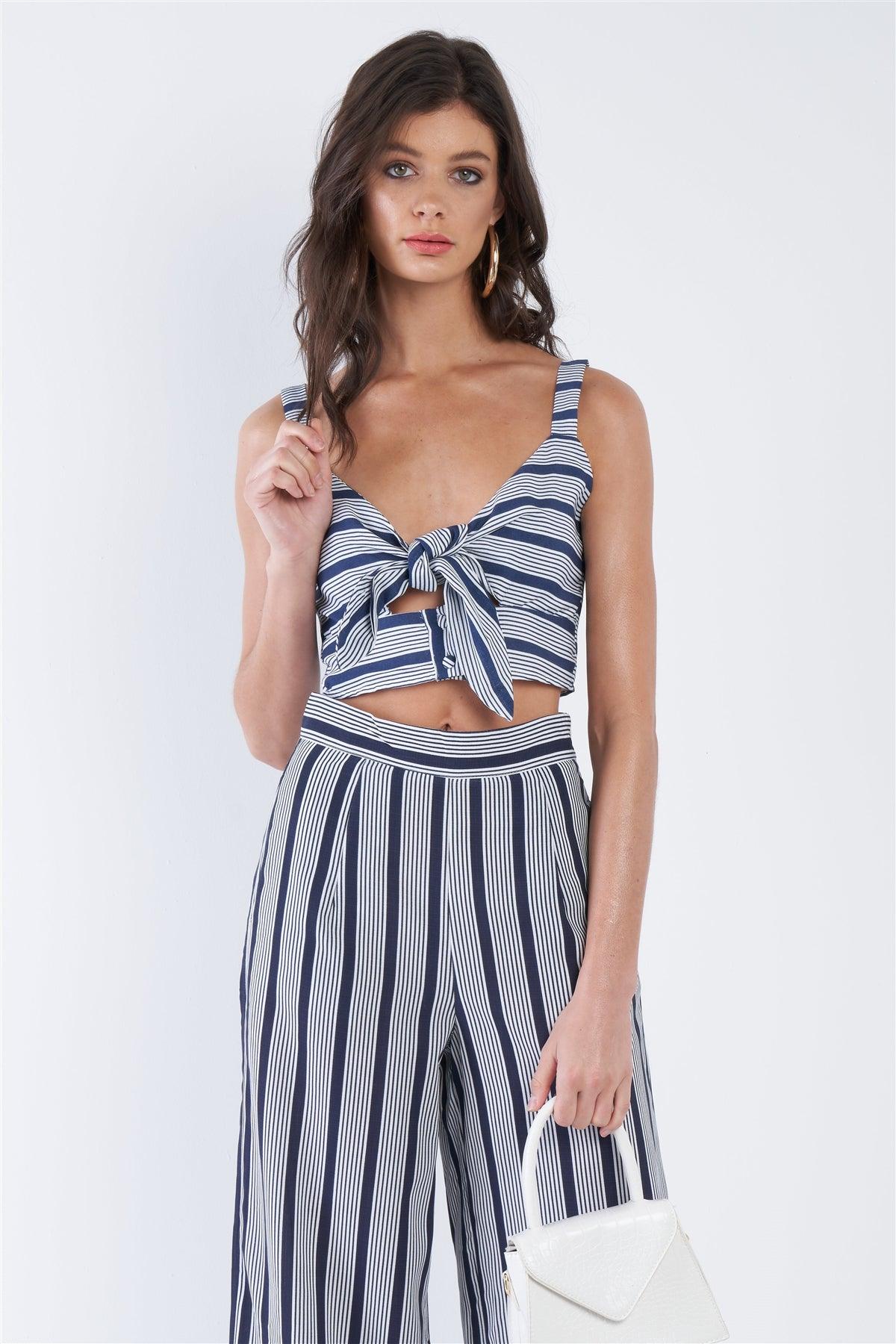 Navy & White Stripe Front Box Crop Top Wide Leg Gaucho Set  /3-2-1