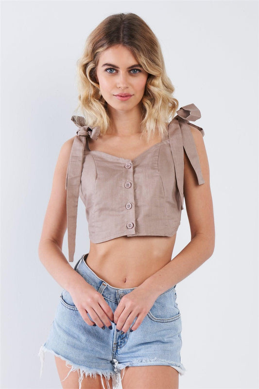 Taupe High Low Self Tie Shoulder Straps Crop Top  /3-2-1