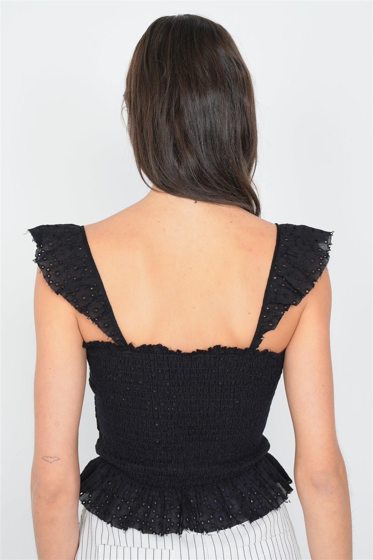 Black Cotton Smocked Eyelet Frill Peplum Cami Strap Top /3-2-1